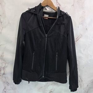 Icebreaker Jacket Womens Medium Black Wool Full Zip Coat Mid Layer Wind Hooded